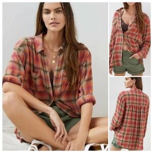 Anthropologie Pilcro | Relaxed Plaid Buttondown Classic Tunic Top Orange Pink Lg